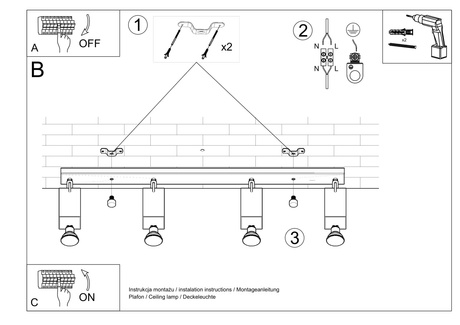 Plafond MERIDA 4L gris + 4x ampoule LED GU-10 4000K Froid 7W 630lm