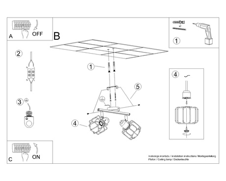 BELUCI 2 plafond noir + 2x ampoule LED E14 4000K Froid 7.5W 680lm