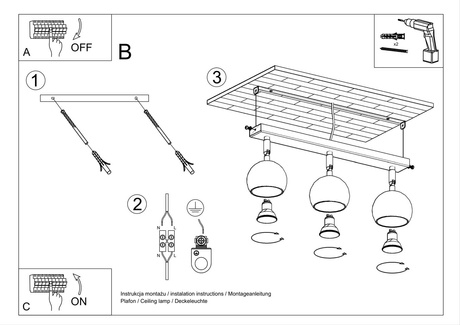 Plafond OCULARE 3 noir + 3x ampoule LED GU-10 4000K Froid 7W 630lm
