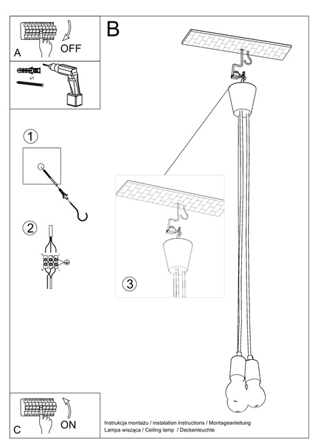 DIEGO 3 lampe suspendue jaune + 3x ampoule LED E27 4000K Froid 7,5W 650lm