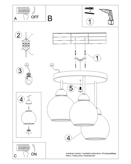 Lustre ALINO 3 noir + 3x ampoule LED E27 3000K Warm 7.5W 620lm