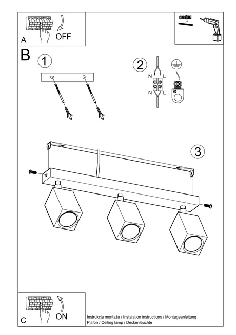 Plafond KEKE 3 chêne + 3x ampoule LED GU-10 3000K Warm 7W 620lm
