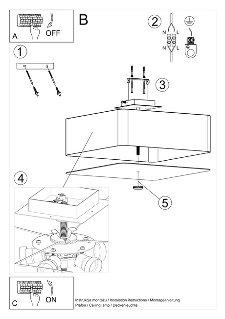 Plafond LOKKO 45 noir + 5x ampoule LED E27 4000K Froid 7.5W 650lm