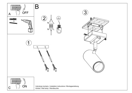 Plafond DIREZIONE 1 noir + 1x ampoule LED GU-10 3000K Warm 7W 620lm