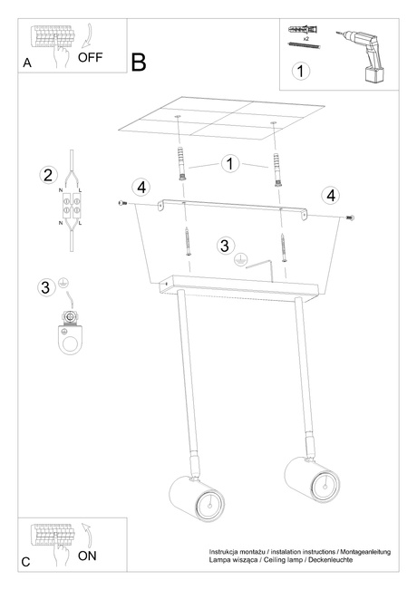 Plafond NORANO 2 noir + 2x ampoule LED GU-10 4000K Froid 7W 630lm