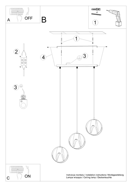 TULOS 3L lampe suspendue noire + 3x ampoule LED E27 4000K Cold 7,5W 650lm
