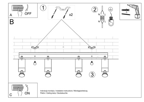 Plafond MERIDA 4L gris + 4x ampoule LED GU-10 3000K Warm 7W 620lm