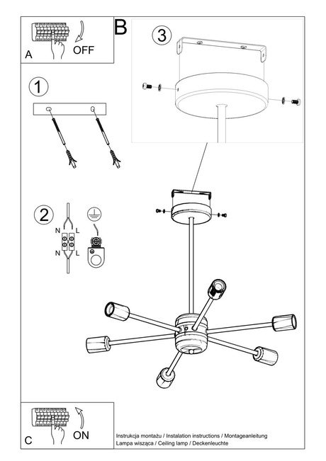 Lustre LANGO 6 noir+ 6x ampoule LED E27 3000K Warm 7.5W 620lm