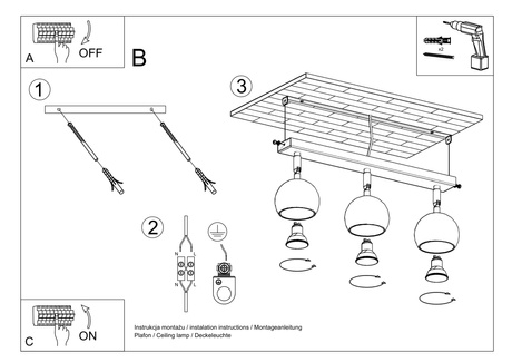 Plafond OCULARE 3 noir + 3x ampoule LED GU-10 3000K Warm 7W 620lm