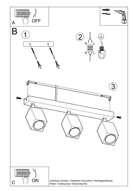 Plafond KEKE 3 chêne + 3x ampoule LED GU-10 3000K Warm 7W 620lm