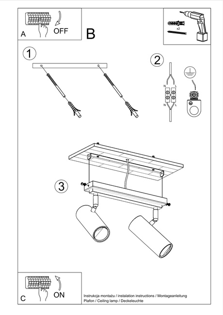Plafond DIREZIONE 2 blanc +2x ampoule LED GU-10 3000K Warm 7W 620lm