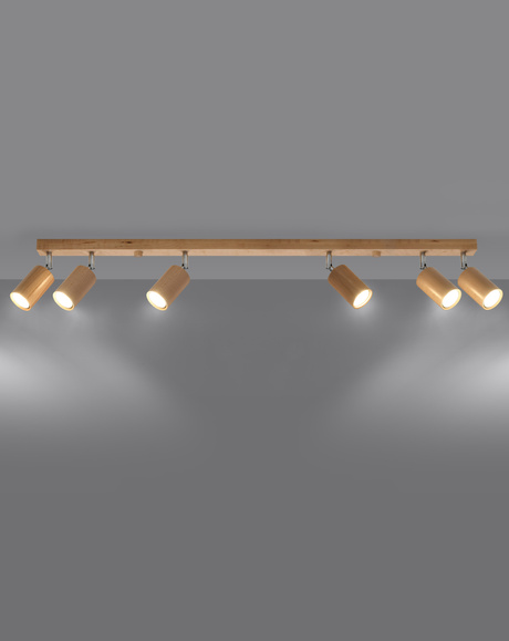 Plafond BERG 6 bois naturel + 6x ampoule LED GU-10 4000K Froid 7W 630lm