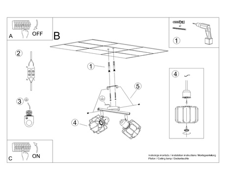 BELUCI 2 plafond noir + 2x ampoule LED E14 3000K Warm 7.5W 620lm