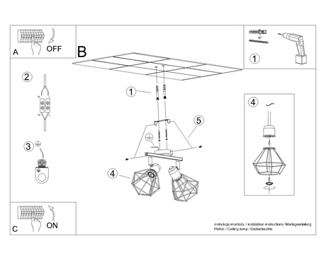 Plafond ARTEMIS 2 noir + 2x ampoule LED E14 3000K Warm 7.5W 620lm
