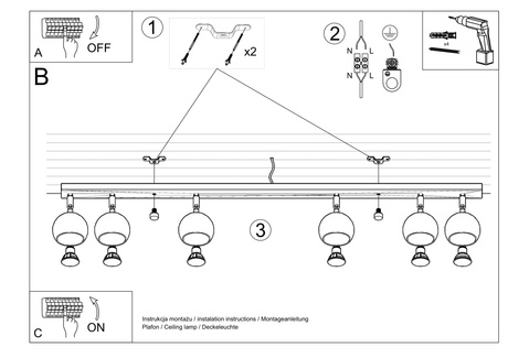 Plafond OCULARE 6L noir + 6x ampoule LED GU-10 3000K Warm 7W 620lm