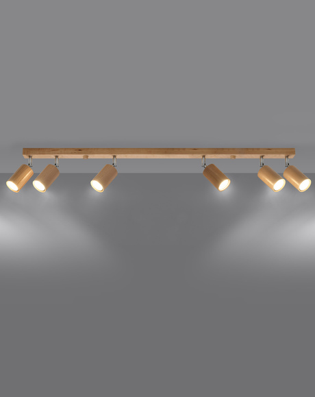 Plafond BERG 6 bois naturel + 6x ampoule LED GU-10 4000K Froid 7W 630lm