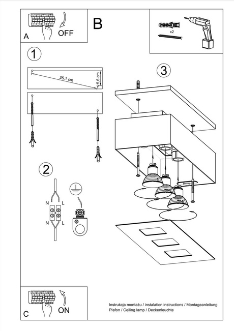 Plafond MONO 3 noir + 3x ampoule LED GU-10 3000K Warm 7W 620lm