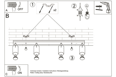 Plafond NERO 4 noir/chrome + 4x ampoule LED GU-10 4000K froid 7W 630lm