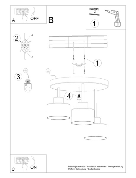 Plafond SAVAR 3 noir + 3x ampoule LED E27 4000K Froid 7.5W 690lm