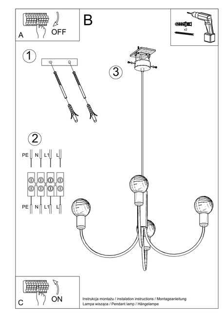 Lustre PICCOLO 3 + 3x Ampoule LED E27 4000K Froid 7.5W 650lm